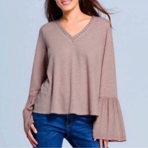 Knox Rose Top Shirt Long Sleeve Light Brown Flutter Sleeve MEDIUM